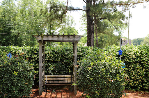A serene wooden swing nestled among lush green shrubs in a peaceful garden.