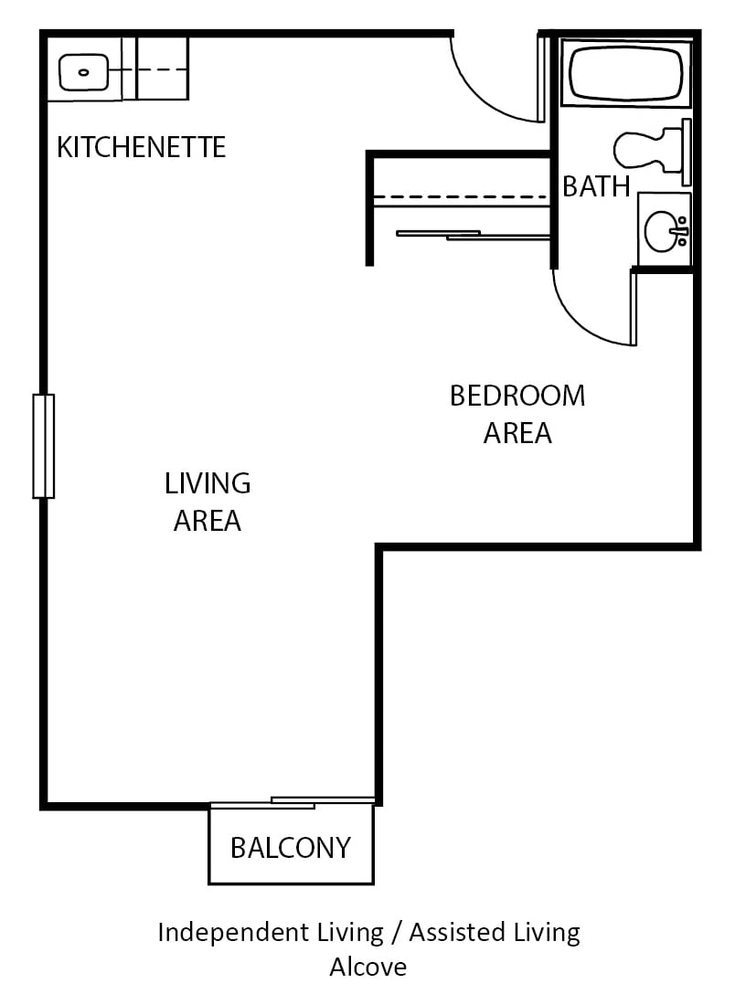 Studio apartment floor plan with kitchenette, living area, bedroom area, bathroom, and balcony.