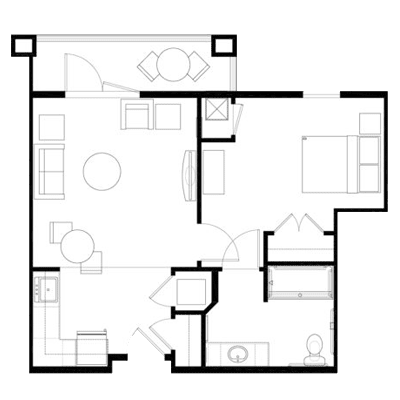 An architectural floor plan showcasing the layout of an apartment with designated living, dining, and bedroom areas.