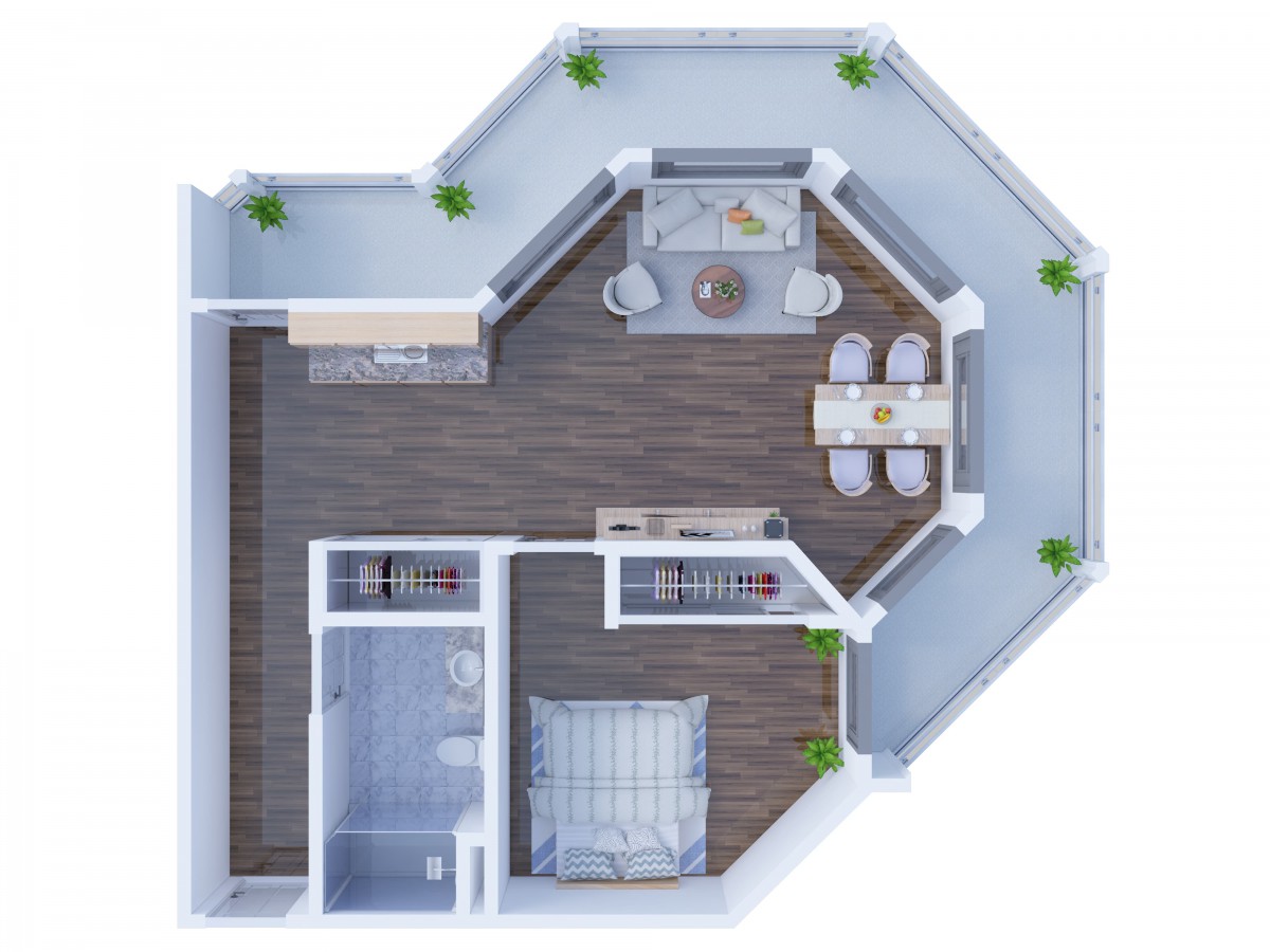A detailed floor plan of a modern apartment featuring a living room, dining area, kitchen, bedroom, and bathroom.