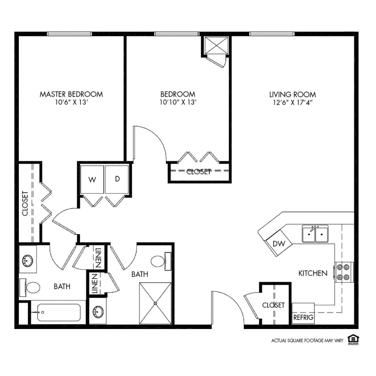 A floor plan of a two-bedroom apartment featuring a kitchen, living room, and bathroom.