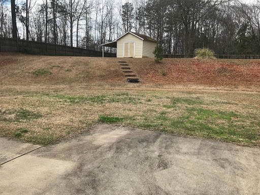 A serene view of a hillside with a small storage building and steps leading up to it, surrounded by grass and trees.