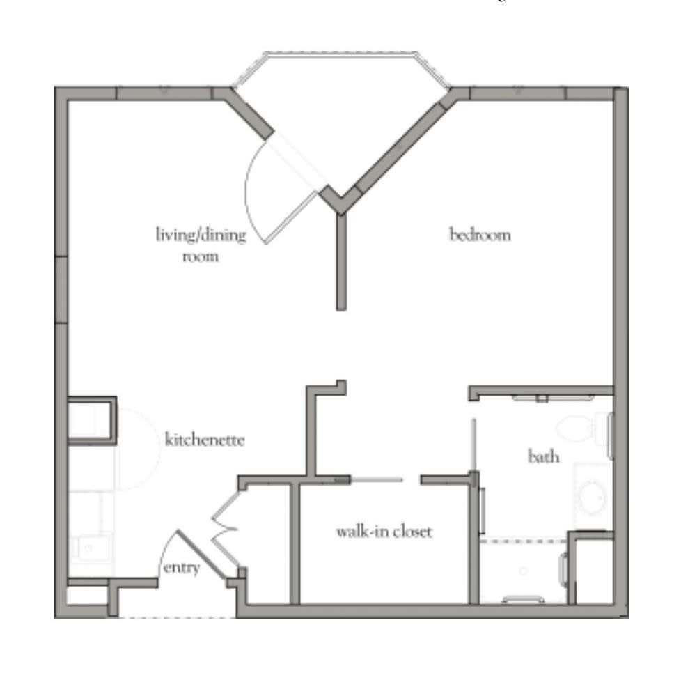 A floor plan showing the layout of an apartment with a living room, bedroom, kitchen, walk-in closet, and bath.