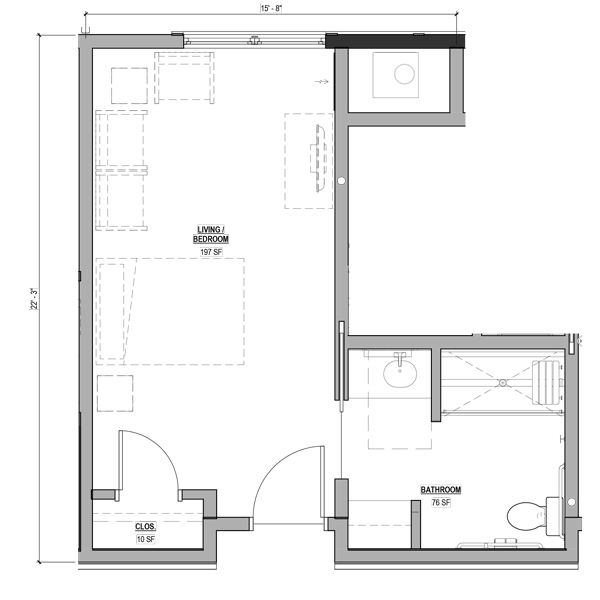 A detailed architectural floor plan showing the layout of rooms in a building.