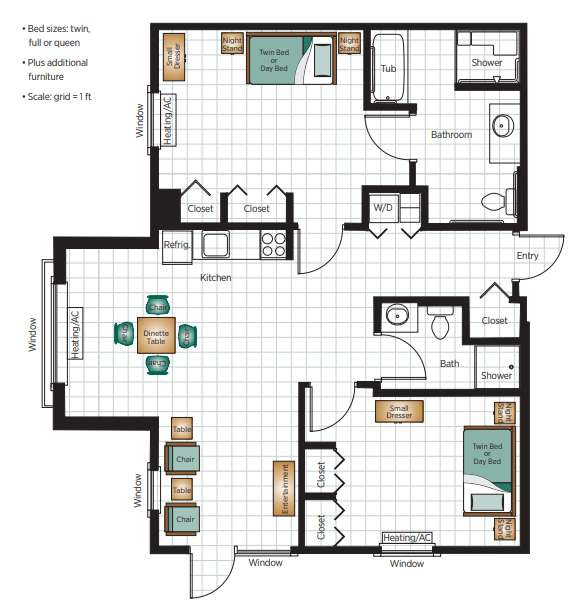 A floor plan featuring a two-bedroom apartment layout with a kitchen, living room, and two bathrooms.