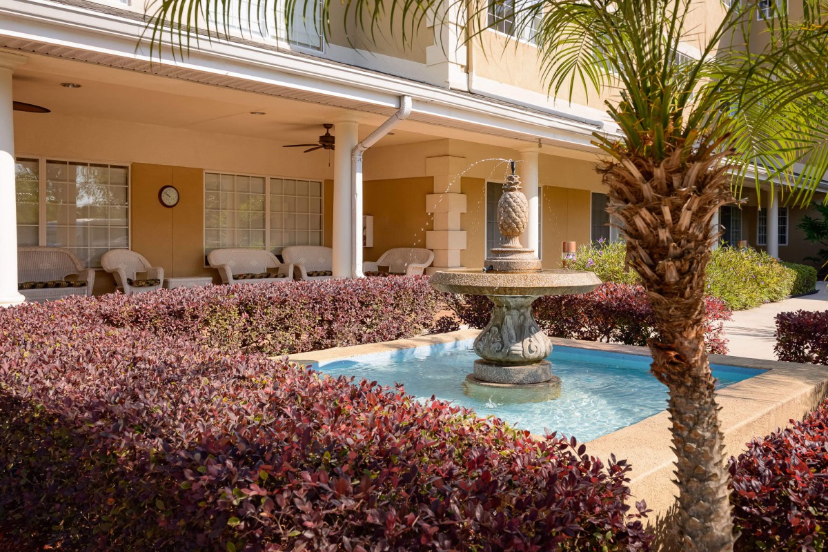 A tranquil patio garden featuring a central fountain surrounded by lush bushes and a palm tree.