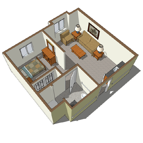 3D model of a small apartment floor plan featuring a living room and bedroom.