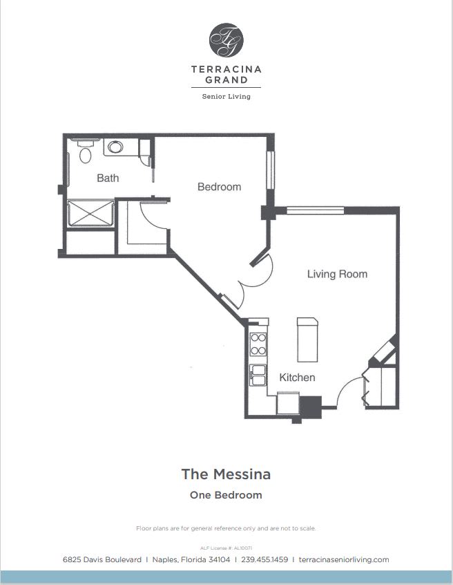 Floor plan of a one-bedroom apartment with designated areas for kitchen, living room, and bathroom.