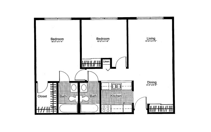 A floor plan layout of an apartment detailing bedrooms, living area, dining room, and bathrooms.