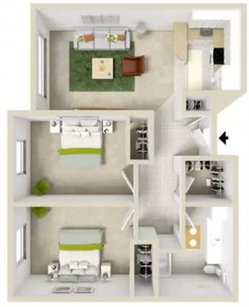 3D floor plan of a modern apartment showing room layout and furniture arrangement.