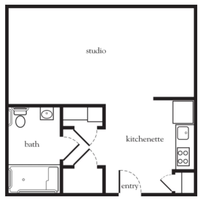 A floor plan of a studio apartment featuring a main living area, kitchenette, bathroom, and entryway.