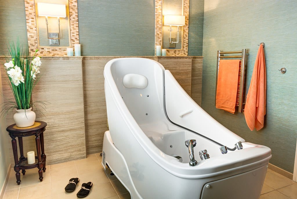 A modern and luxurious bathroom featuring a sleek, ergonomic bathtub with spa-like features.