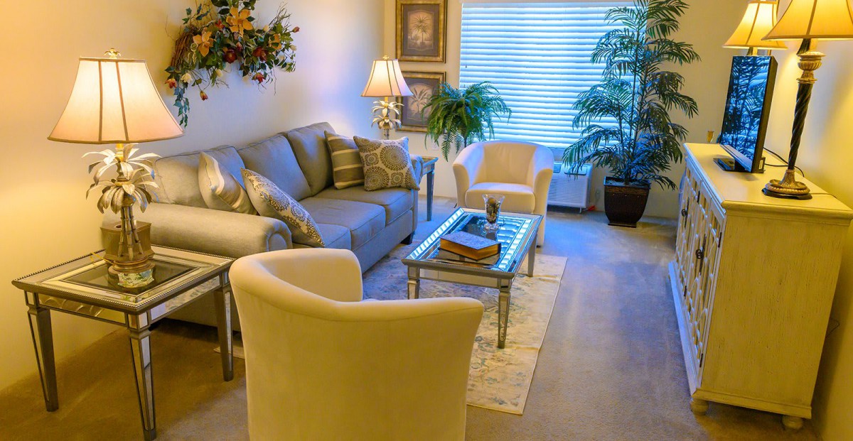 A cozy living room with elegant furniture and decor, featuring a sofa, chairs, coffee table, and indoor plants.