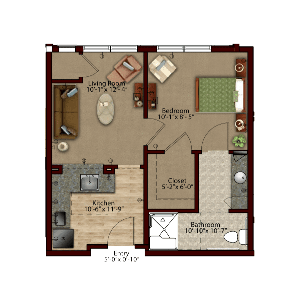 A detailed floor plan of a one-bedroom apartment featuring a living room, kitchen, bathroom, and bedroom.