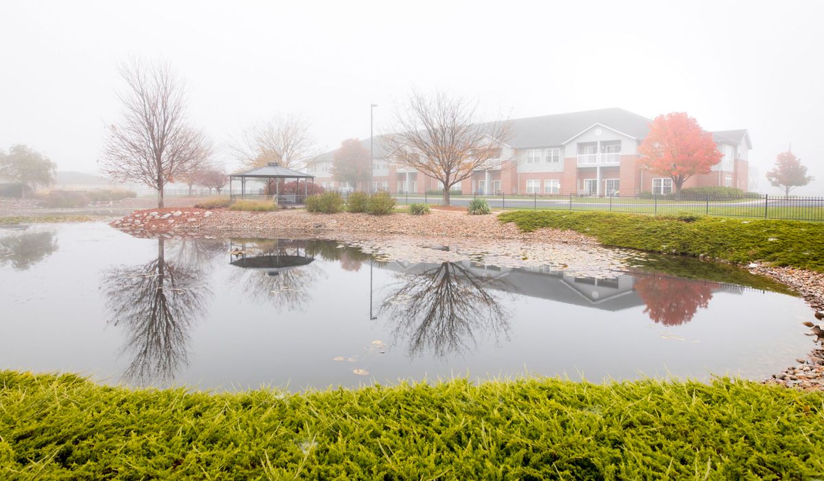 A foggy morning view of a peaceful pond with reflections, surrounded by trees and housing in the background.