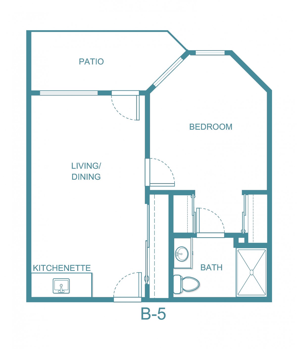 A floor plan of a one-bedroom apartment, labeled B-5, featuring a patio, living/dining area, kitchen, bathroom, and bedroom.