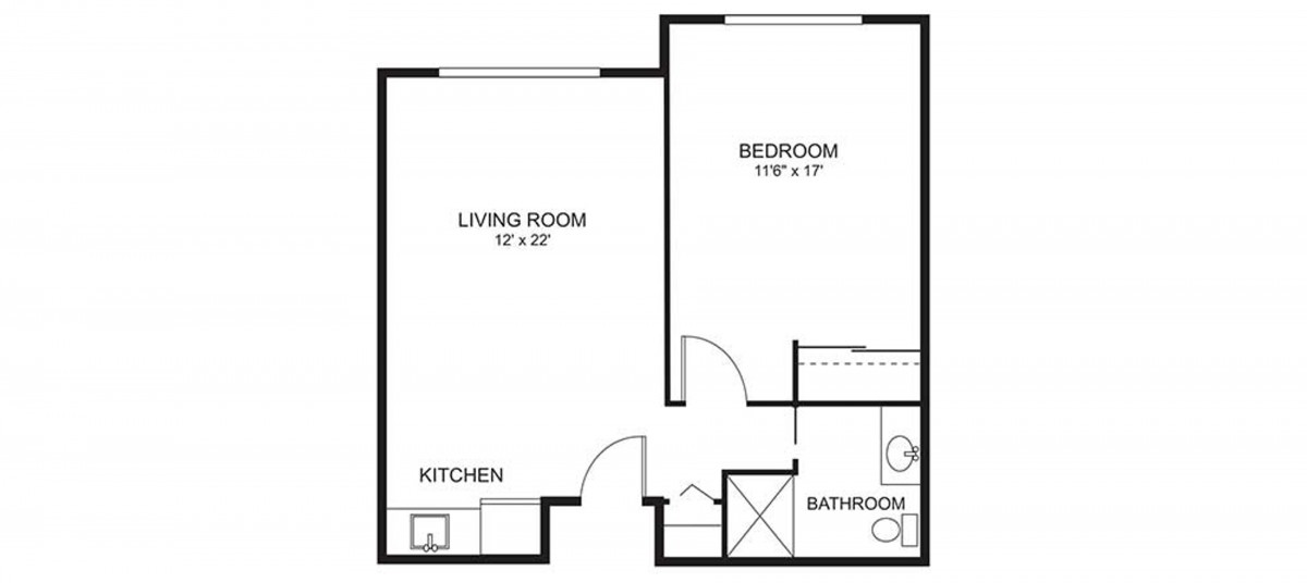 A simple floor plan of a one-bedroom apartment, including a living room, kitchen, bedroom, and bathroom.