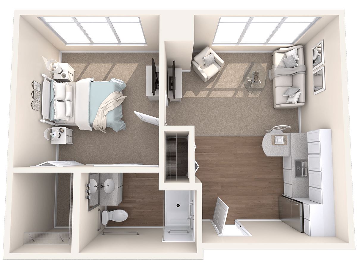 A 3D floor plan of a compact one-bedroom apartment with a kitchen, living area, and bathroom.