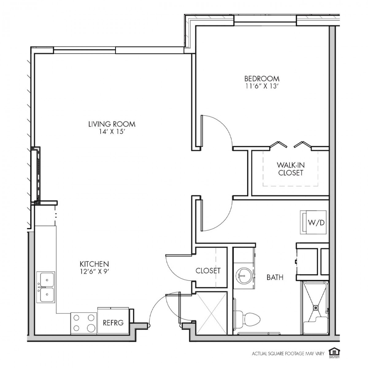 A floor plan showcasing a one-bedroom apartment layout with labeled rooms.