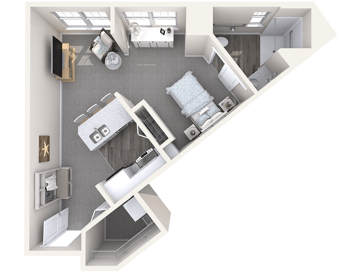 A modern and compact one-bedroom apartment floor plan showcasing an open kitchen and living area.