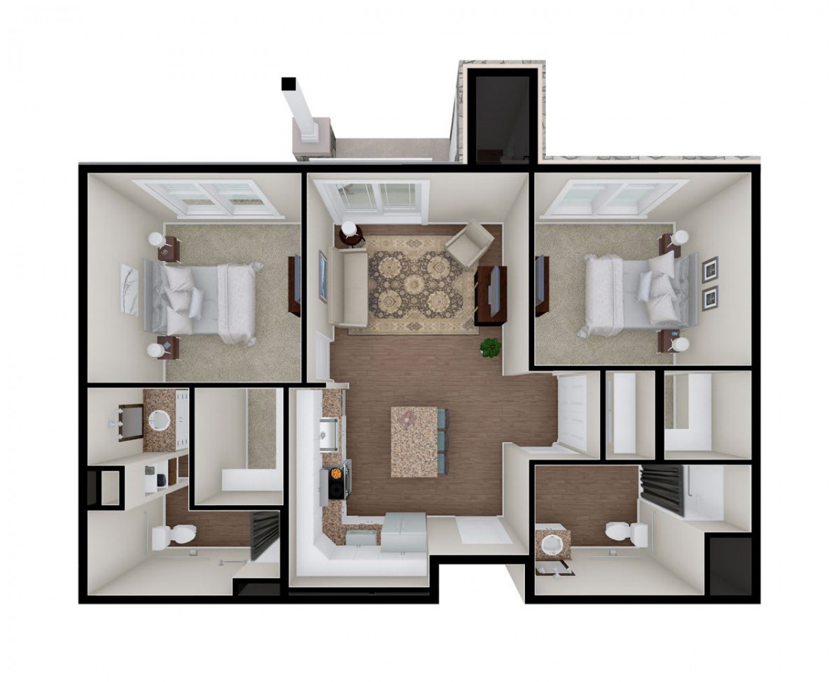 A two-bedroom apartment floor plan with a central living room, bathroom, and kitchen.
