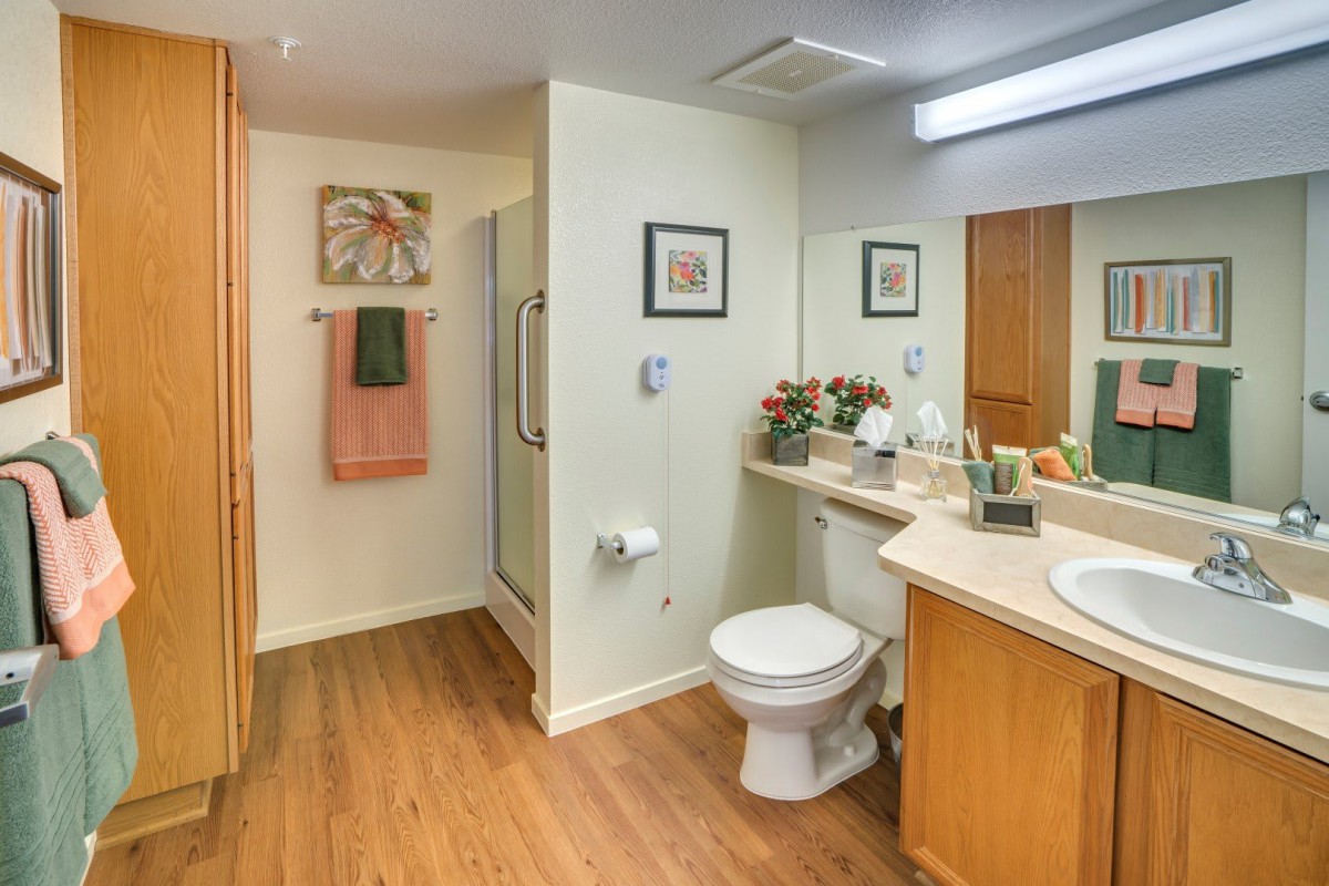 A cozy bathroom with wooden flooring, featuring a toilet, sink, and a mirror, decorated with artwork and plants.
