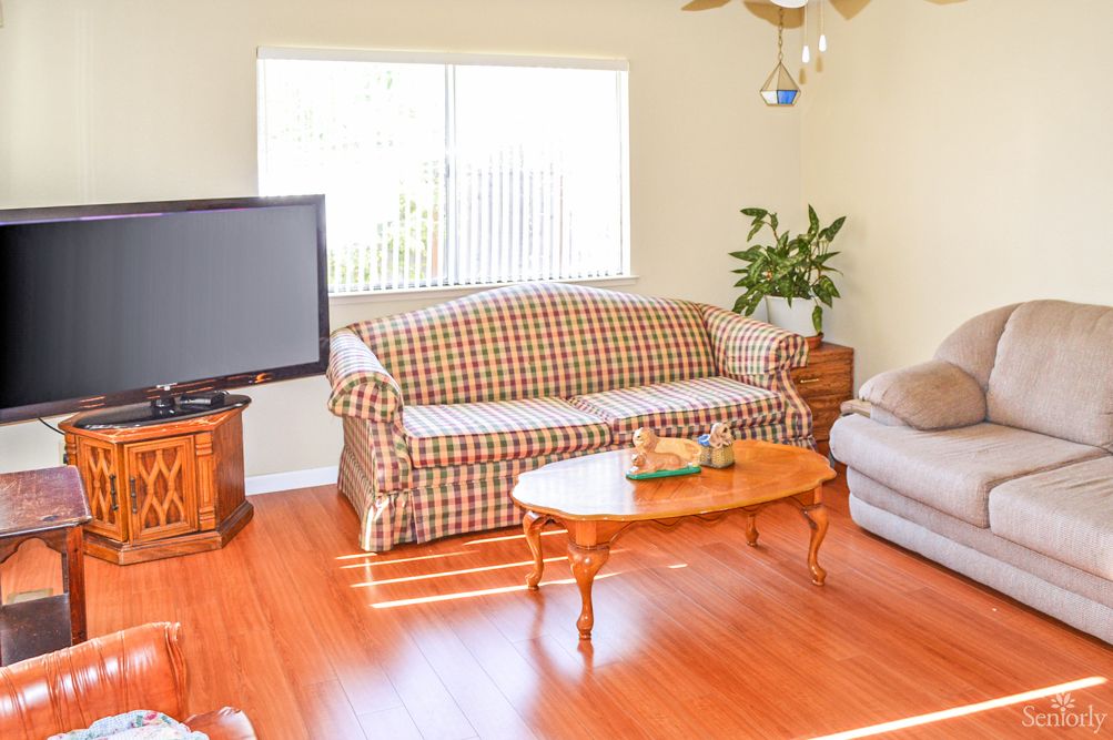A cozy living room with a checkered sofa, television, and wooden coffee table.