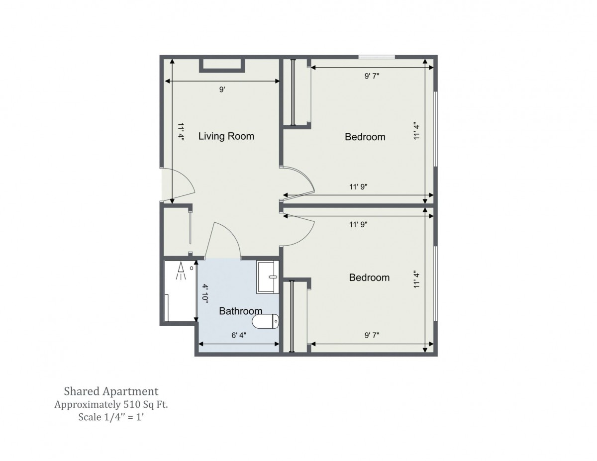 A floor plan of a two-bedroom apartment with a living room and bathroom.