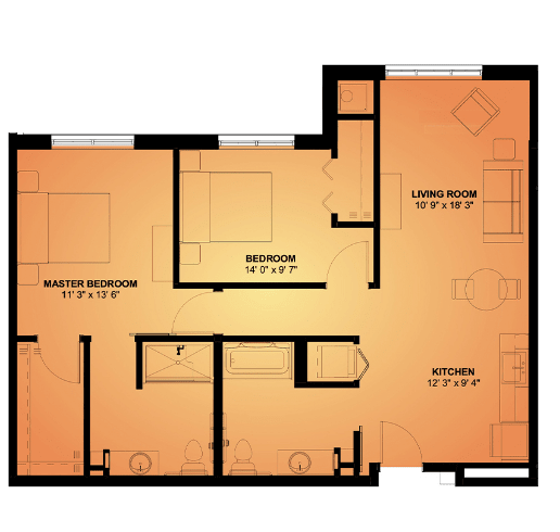 A floor plan depicting the layout of an apartment with labeled rooms including a bedroom, living room, and kitchen.