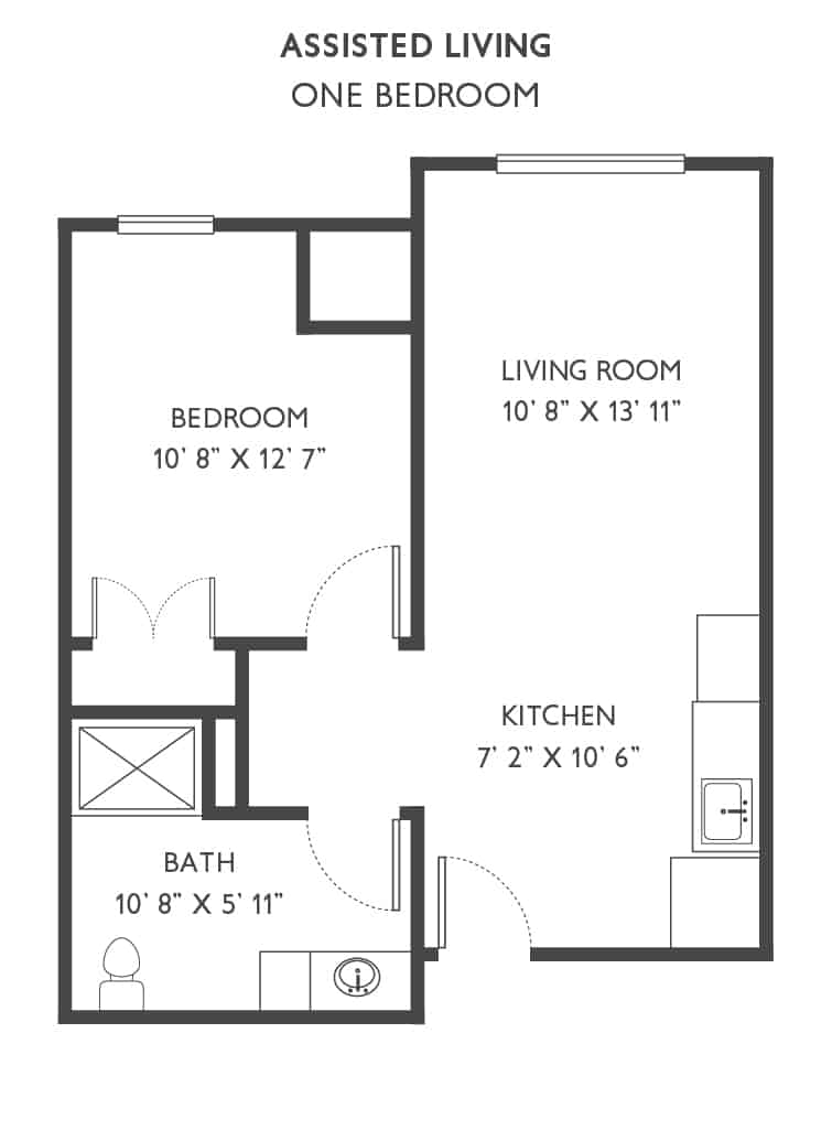 A floor plan of a one-bedroom apartment featuring a living room, kitchen, and bathroom.