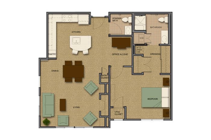 This image is a floor plan of an apartment, showing the layout of rooms and furniture placement.