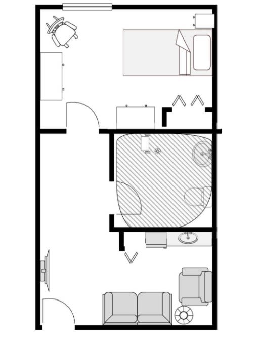 A floor plan of a small apartment, including living room, bedroom, kitchen, and bathroom areas.