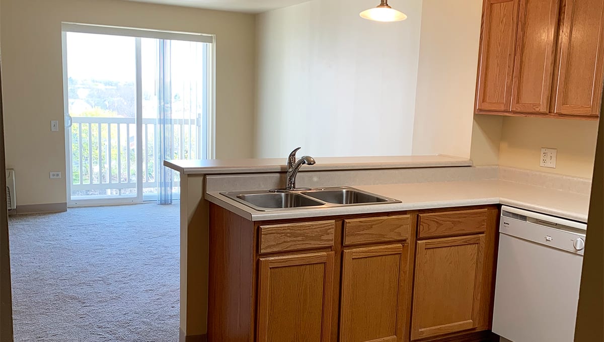 A bright kitchen area with wooden cabinets and a double sink, leading to a carpeted living space.
