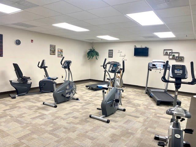 A clean and well-equipped gym with exercise machines, including treadmills and stationary bikes.