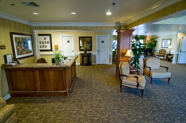 A well-furnished reception area with a wooden desk, comfortable chairs, and decorative plants.
