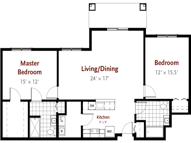 A floor plan showcasing a two-bedroom apartment with a living/dining area and kitchen.