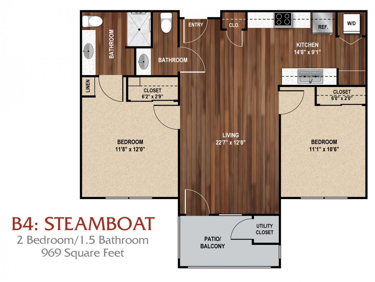 A floor plan for a one-bedroom, one and a half bathroom apartment.