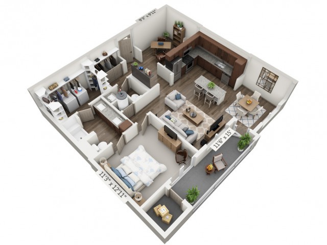 A 3D floor plan of a one-bedroom apartment featuring a spacious living room, kitchen, bathroom, and balcony.