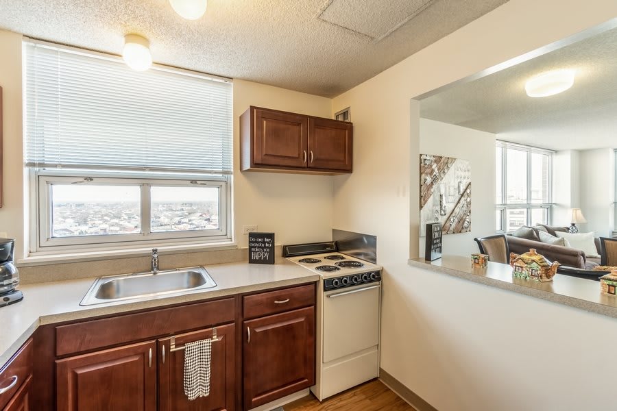 A small apartment kitchen with wooden cabinets, a sink, and a stove.