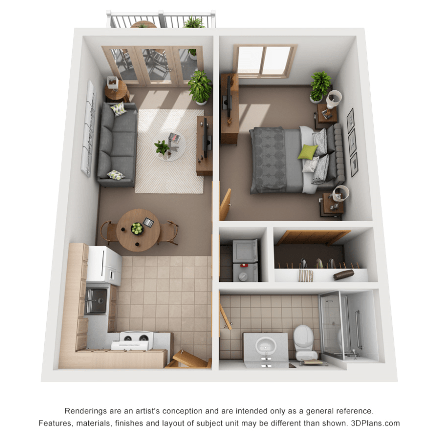 A 3D rendered floor plan of a one-bedroom apartment featuring a living room, kitchen, bedroom, and bathroom.