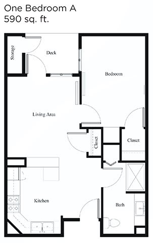 A floor plan of an apartment featuring a living area, bedroom, deck, and closets.