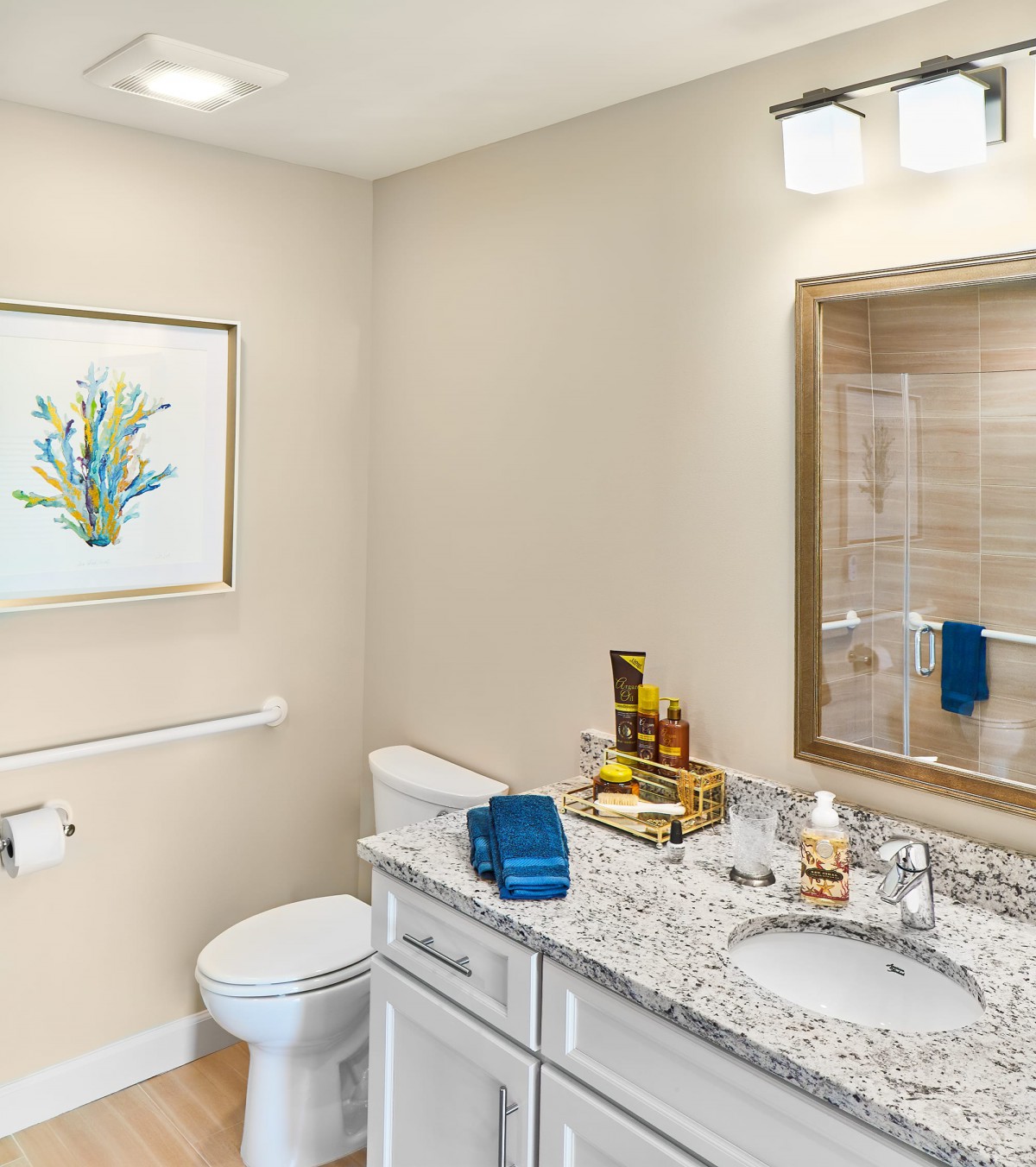 A modern bathroom with a granite countertop, sink, and mirror, featuring decorative elements such as towels and wall art.