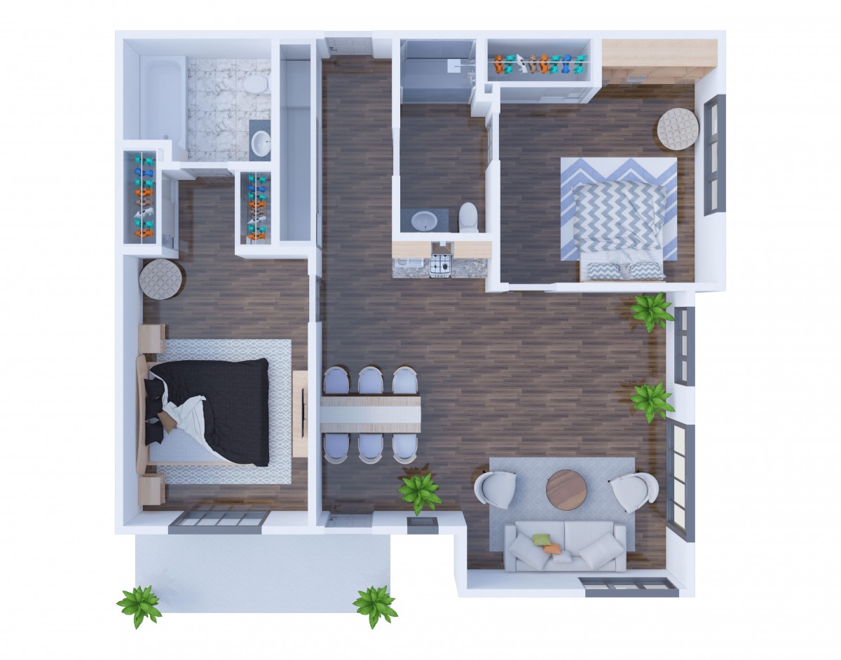 A modern floor plan of a two-bedroom apartment with a kitchen, living area, and bathroom.