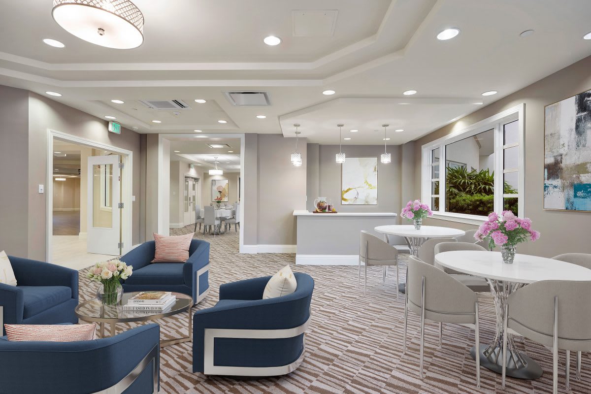 A modern lobby with comfortable seating and stylish decor.