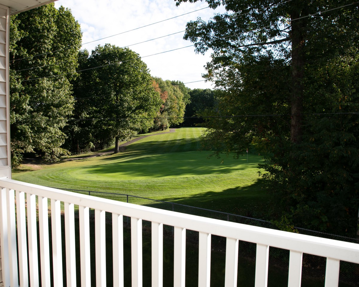 A scenic view of a golf course surrounded by lush trees.
