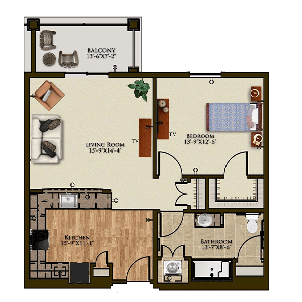 This image shows a floor plan of an apartment featuring one bedroom, a living room, kitchen, bathroom, and a balcony.