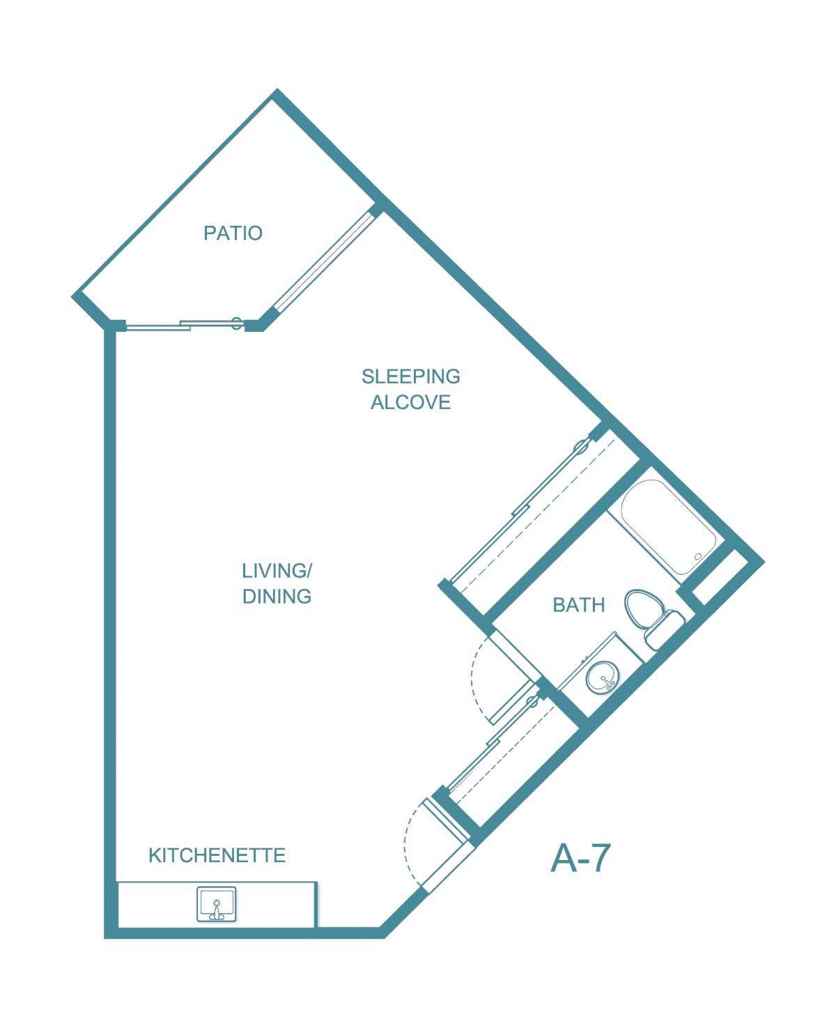 A floor plan of a studio apartment featuring a sleeping alcove, living/dining area, kitchenette, bath, and patio.