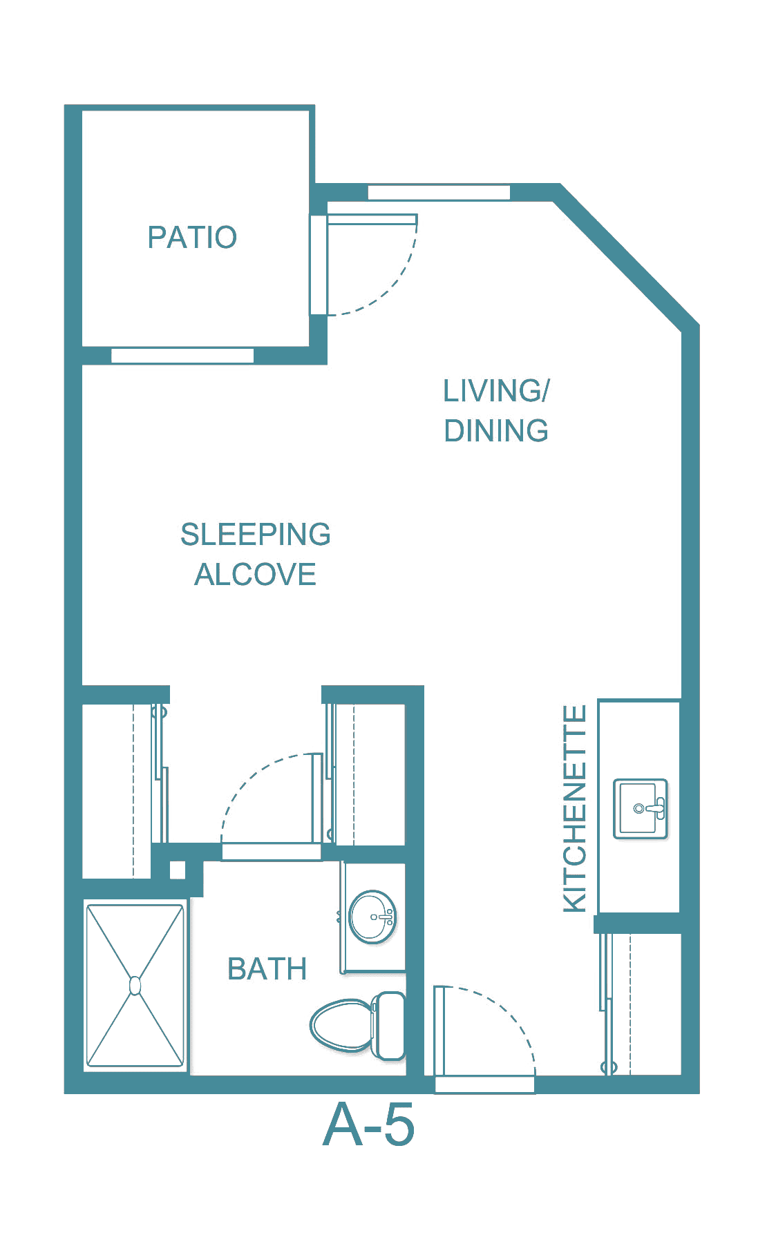 A floor plan of a compact studio apartment featuring a living/dining area, sleeping alcove, kitchenette, and bathroom.