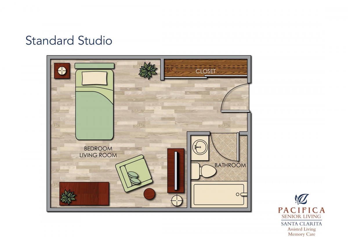 Floor plan of a standard studio apartment with a bedroom, living area, and bathroom.