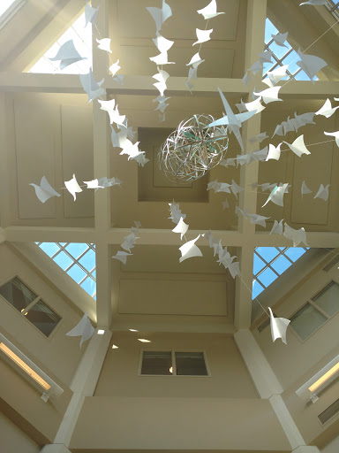 A stunning ceiling art installation featuring suspended white birds, illuminated by natural light.